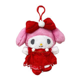Officially licensed by My Melody Plush keychain in a red dress with white accent pompom on a white background. she’s perfect for cuddling, displaying, or gifting Christmas to Sanrio fans of all ages.