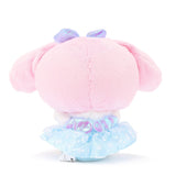 Sanrio My Melody Snow Angel 7-inch plush with iridescent bow, holding a blue snowflake, perfect for kawaii winter decor.