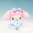 Magical My Melody Snow Angel plush sitting on soft clouds against a light blue background, creating a serene winter scene