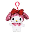 Officially licensed My Melody Spangle Edition plush keychain featuring My Melody plush with a pink sequined hood, red sequined bow, and a pink clip