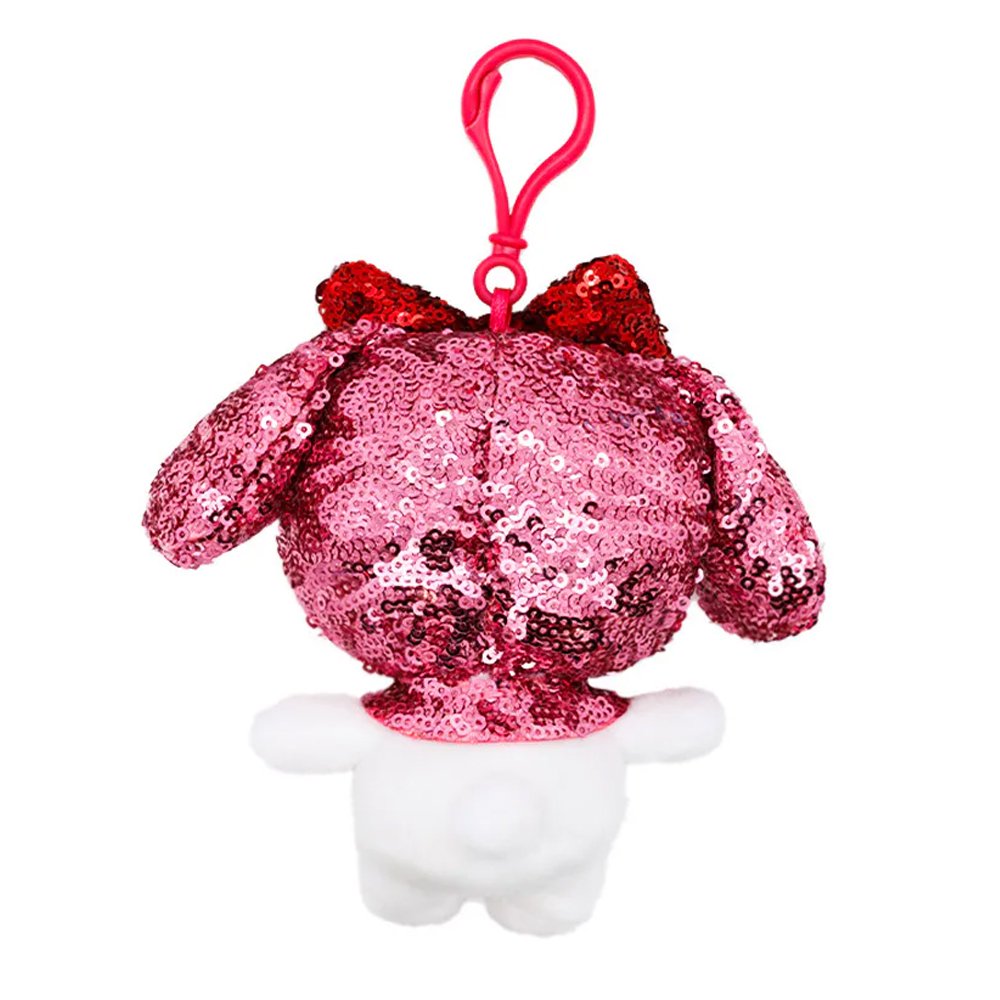 Officially licensed My Melody Spangle Edition plush keychain featuring My Melody plush with a pink sequined hood, red sequined bow, and a pink clip