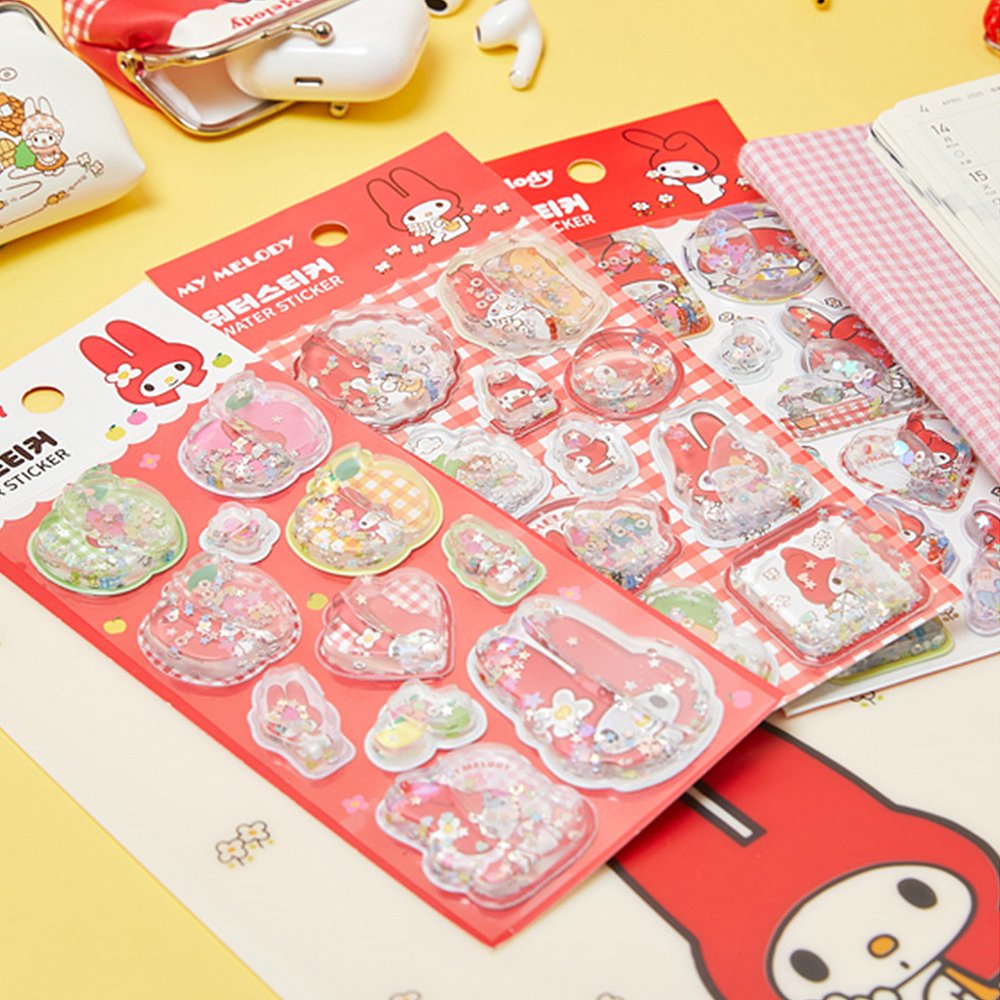 Pack of officially licensed My Melody water shaker stickers featuring glitter-filled, liquid-effect designs.