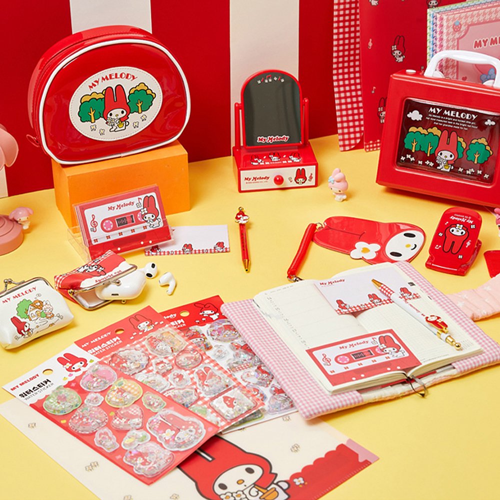 Pack of officially licensed My Melody water shaker stickers featuring glitter-filled, liquid-effect designs.