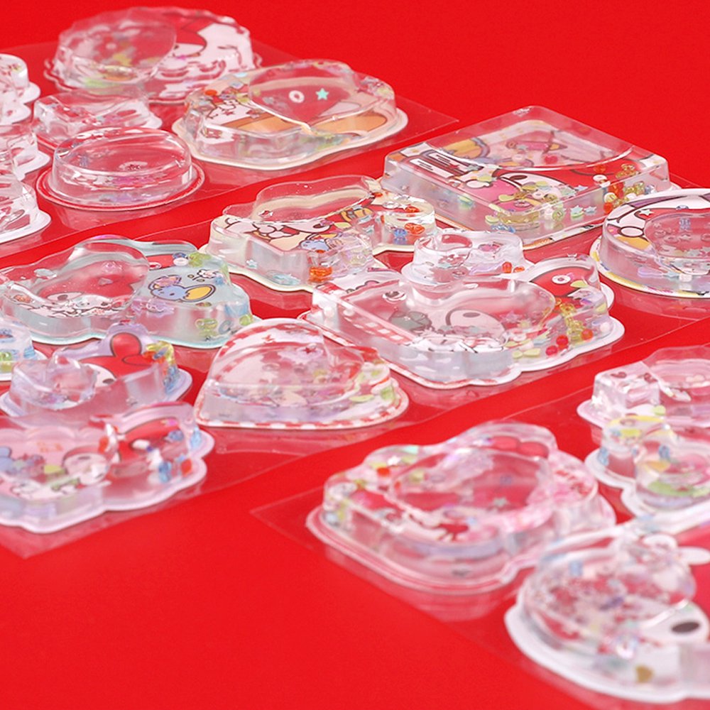 Pack of officially licensed My Melody water shaker stickers featuring glitter-filled, liquid-effect designs.