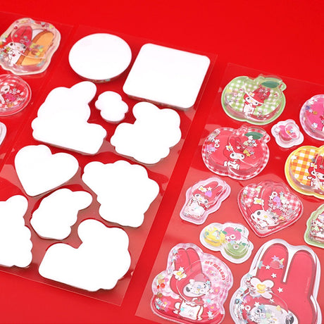 Pack of officially licensed My Melody water shaker stickers featuring glitter-filled, liquid-effect designs.