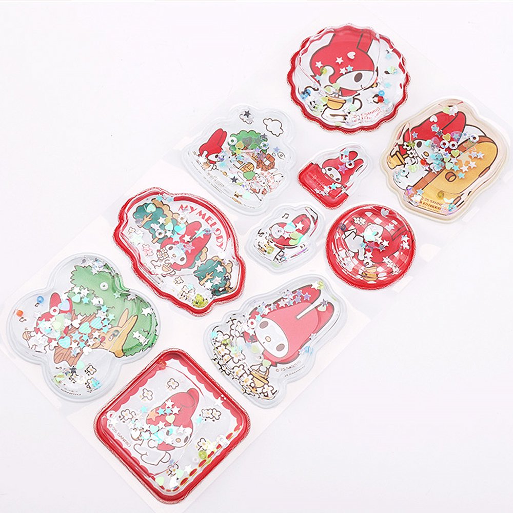 Pack of officially licensed My Melody water shaker stickers featuring glitter-filled, liquid-effect designs.