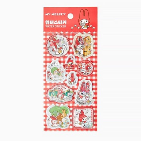 Pack of officially licensed My Melody water shaker stickers featuring glitter-filled, liquid-effect designs.