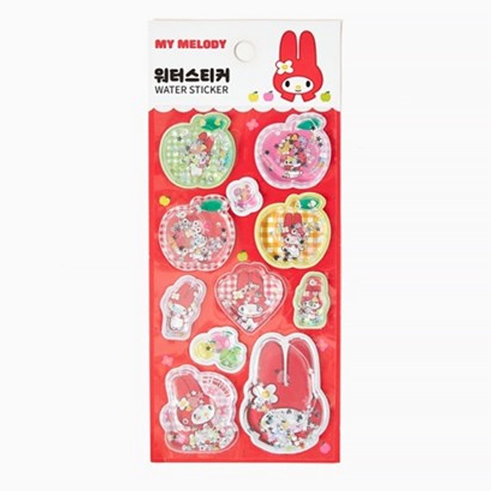 Pack of officially licensed My Melody water shaker stickers featuring glitter-filled, liquid-effect designs.
