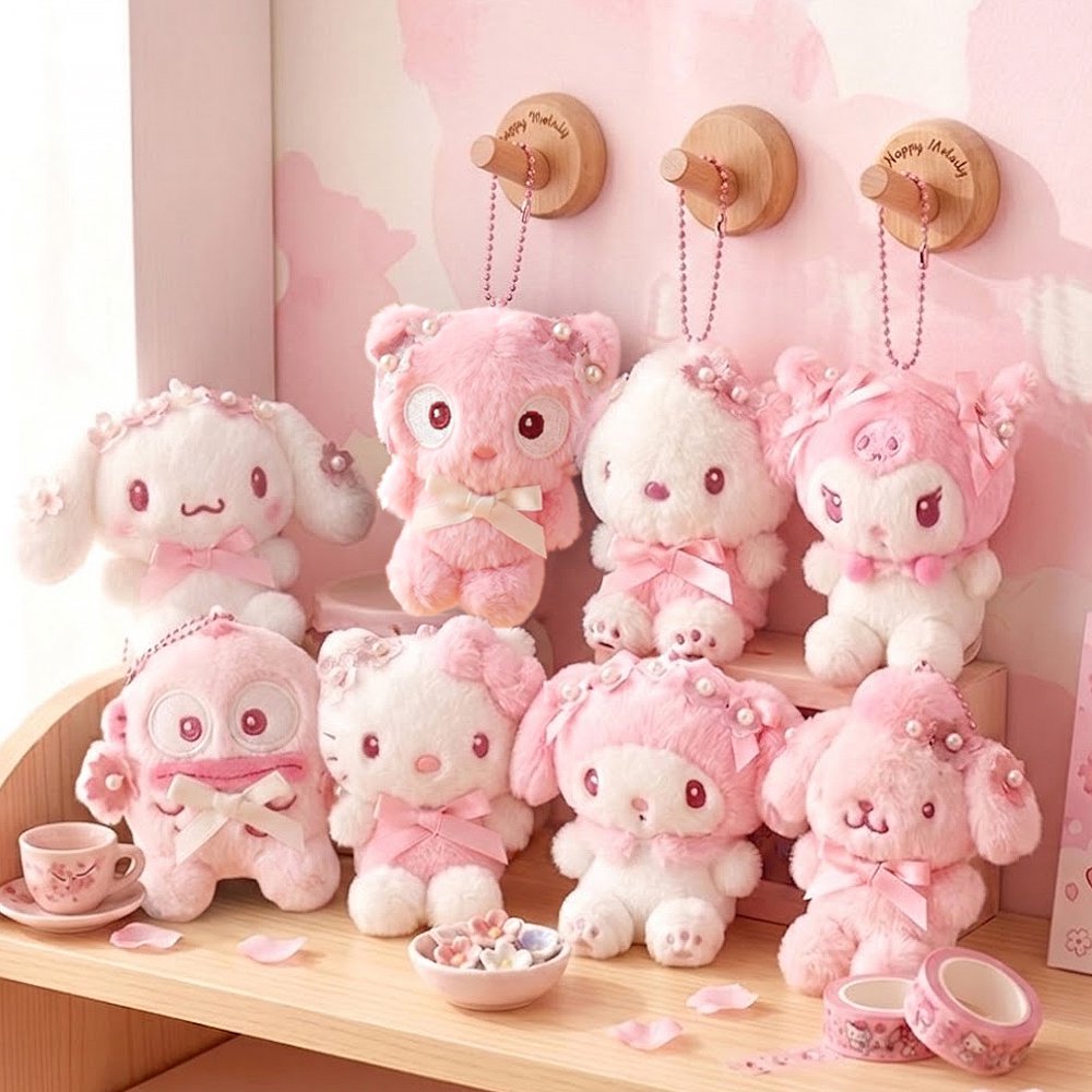 Officially licensed Sanrio collection of pink tone plush keychains adorned with cherry blossom flower crowns, pearl details, and satin bows