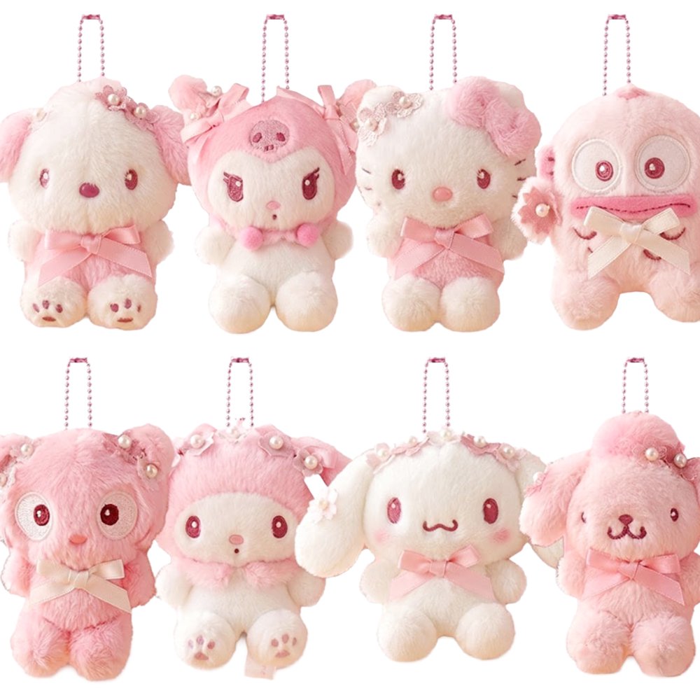 Officially licensed Sanrio collection of pink tone plush keychains adorned with cherry blossom flower crowns, pearl details, and satin bows