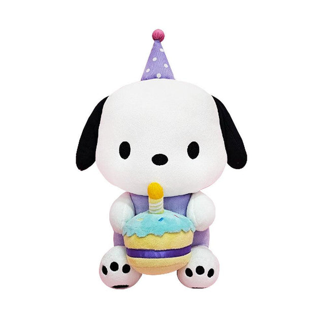 Officially licensed Sanrio plush cute Pochacco wearing a party hat, holding a cake.