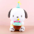 Officially licensed Sanrio Pochacco plush, wearing a charming white party hat topped with a bright yellow tassel, and holding a cake for celebrating a special day