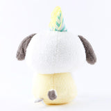 Officially licensed Sanrio Pochacco plush, wearing a charming white party hat topped with a bright yellow tassel, and holding a cake for celebrating a special day