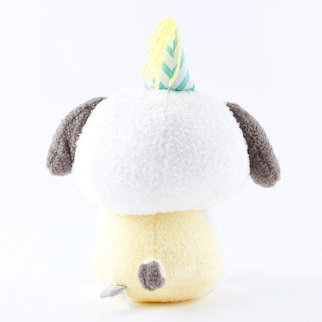 Officially licensed Sanrio Pochacco plush, wearing a charming white party hat topped with a bright yellow tassel, and holding a cake for celebrating a special day