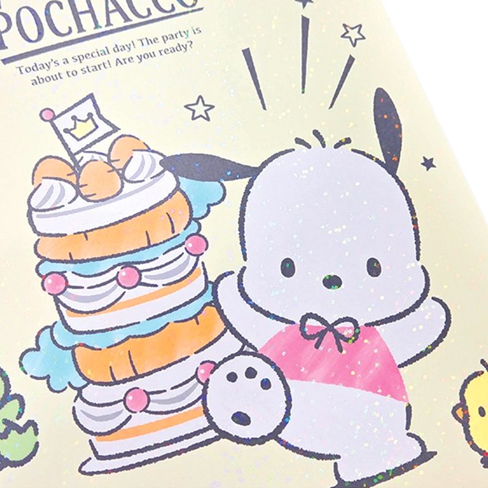 A soft yellow, officially licensed Pochacco spiral lined notebook featuring Pochacco celebrating next to a cake and the little friends.
