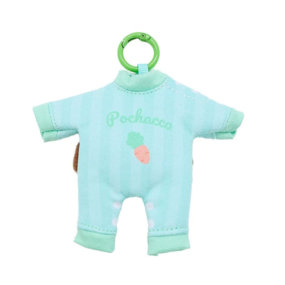 A Mint Pochacco baby outfit plush keychain with a carabiner clip