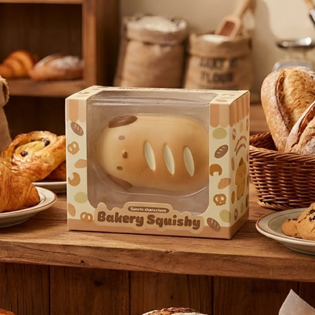 An officially licensed Sanrio Bakery Squishy featuring Pochacco shaped like a golden-brown artisan bread loaf.