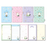An officially licensed Sanrio Pochacco spiral-bound notebook, featuring a glitter finish with gold stars and an illustration of Pochacco. Includes four distinct, colorful dividers and five different interior page designs.