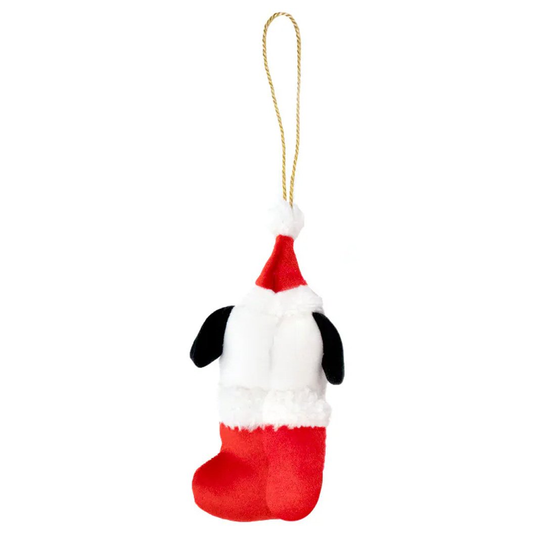 Sanrio Pochacco is dressed for the season wearing a red Santa hat with a white pom-pom while sporting his signature red bow. He sits snugly in a red Christmas stocking adorned with green holly leaves and a decorative ribbon. Crafted from soft plush material, this ornament has a cozy, huggable feel. The attached gold cord loop makes it easy to hang on your Christmas tree.