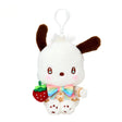 Sanrio Pochacco dressed in elegant white outfits with gold polka dots and vibrant rainbow bows, this large cast of beloved Sanrio characters each holds a velvet strawberry and features detailed embroidered heart accents in eyes their eyes. Perfect for adding a nautical touch of kawaii style to your bag, keys, or backpack.