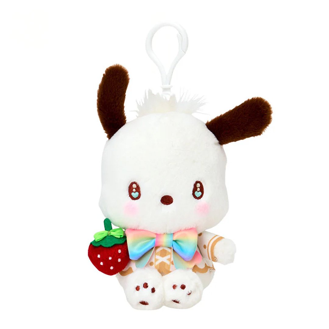 Sanrio Pochacco dressed in elegant white outfits with gold polka dots and vibrant rainbow bows, this large cast of beloved Sanrio characters each holds a velvet strawberry and features detailed embroidered heart accents in eyes their eyes. Perfect for adding a nautical touch of kawaii style to your bag, keys, or backpack.