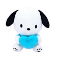 An officially licensed Pochacco plush toy with black ears and a blue shirt, sitting down while holding a large, bright cyan fuzzy heart