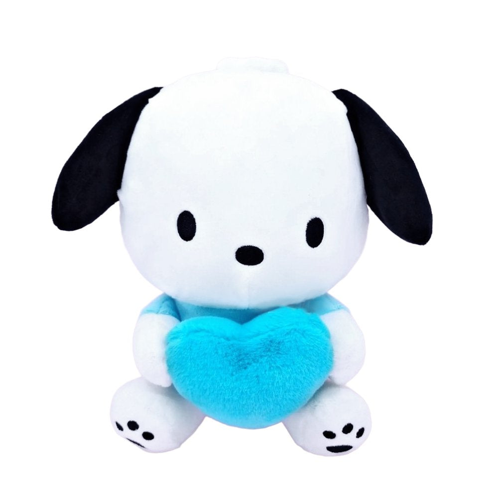 An officially licensed Pochacco plush toy with black ears and a blue shirt, sitting down while holding a large, bright cyan fuzzy heart