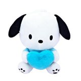 An officially licensed Pochacco plush toy with black ears and a blue shirt, sitting down while holding a large, bright cyan fuzzy heart