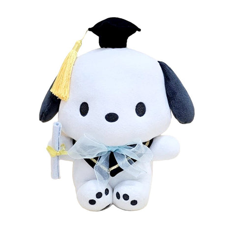 An officially licensed Sanrio 10-inch Pochacco graduation plush sitting upright, wearing a black graduation cap with a yellow tassel and a blue bow around the neck while holding a white diploma
