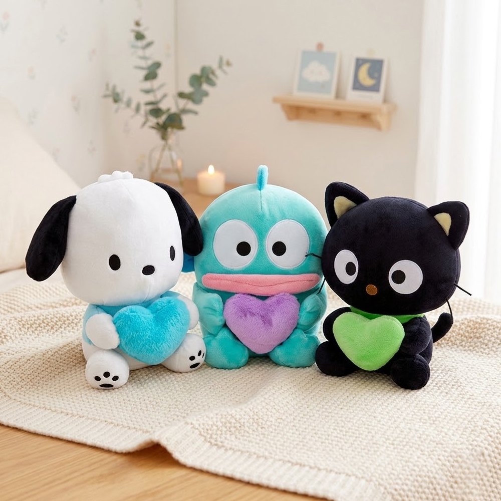 An officially licensed Sanrio collection of Pochacco, Hangyodon, and Chococat plush toys sitting down while holding a large, fuzzy heart plush