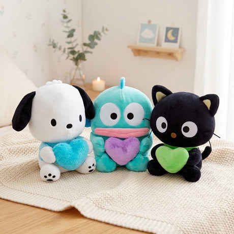 An officially licensed Sanrio collection of Pochacco, Hangyodon, and Chococat plush toys sitting down while holding a large, fuzzy heart plush