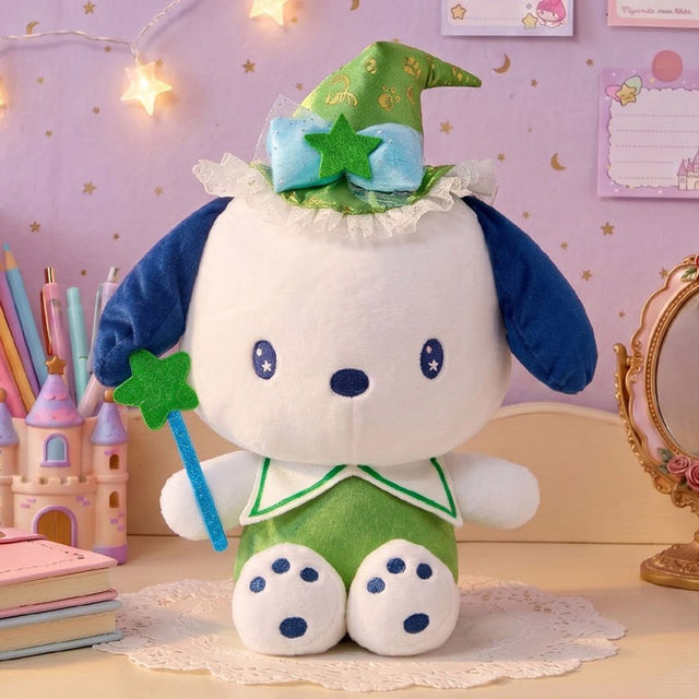 Officially licensed Sanrio Pochacco plush toy with blue ears wearing a green wizard hat with a light blue bow and holding a green star wand, featuring star-detailed embroidered eyes and blue paw pads