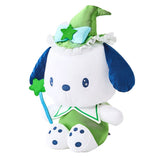 Officially licensed Sanrio Pochacco plush toy with blue ears wearing a green wizard hat with a light blue bow and holding a green star wand, featuring star-detailed embroidered eyes and blue paw pads