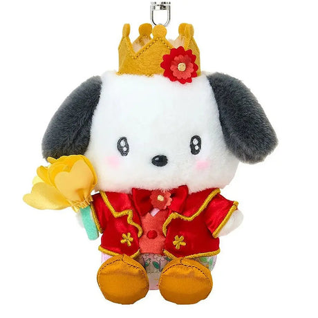 Sanrio Pochacco plush keychain dressed as a prince in a red and gold royal suit with a matching crown, holding a yellow fabric tulip, attached to a silver metal lobster clasp.