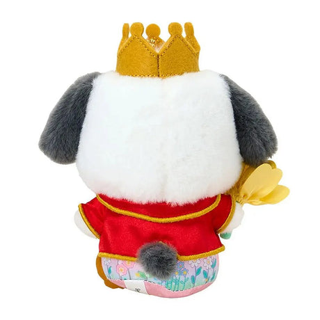 Sanrio Pochacco plush keychain dressed as a prince in a red and gold royal suit with a matching crown, holding a yellow fabric tulip, attached to a silver metal lobster clasp.