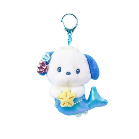 An officially licensed Sanrio character, Pochacco is reimagined with a shimmering metallic blue mermaid tail. The character is holding a small yellow starfish and has blue and pink shell accessories on its head, complete with a blue plastic clip.