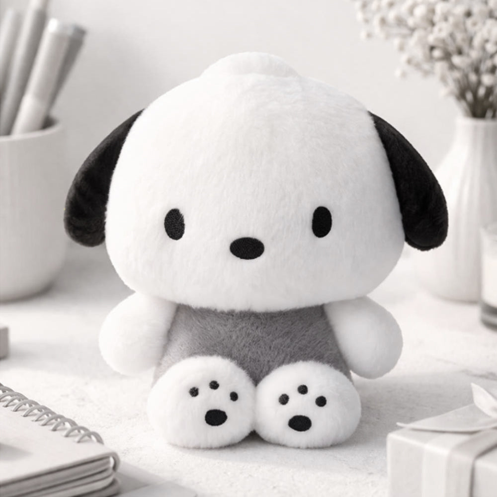 An officially licensed Sanrio Pochacco plush doll dressed in grey overalls with detailed black paw prints on his feet
