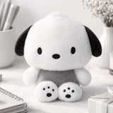 An officially licensed Sanrio Pochacco plush doll dressed in grey overalls with detailed black paw prints on his feet