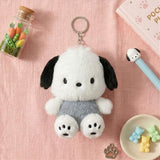 An officially licensed Sanrio fluffy monochromatic tone of grey and white Pochacco plush keychain with a silver metal keychain