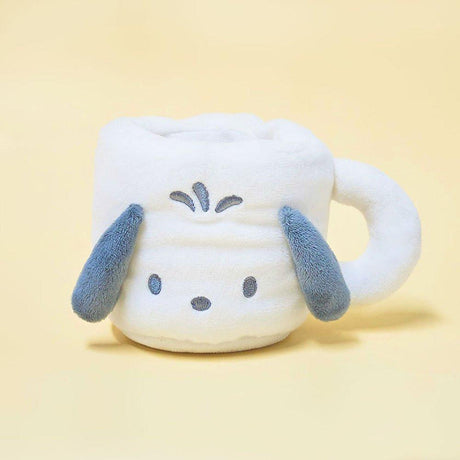 Sanrio Pochacco Plush toy shaped like a mug on a yellow background. 