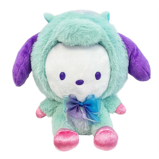 Sanrio officially licensed Pochacco is transformed into a sparkling Pegasus wearing a super soft, fluffy green costume. Features shimmering pastel colors, glittery wings, and a gorgeous rainbow tail, making it a must-have fantasy friend. Perfect for gifting, collecting, or adding a vibrant pop of color to any room! 