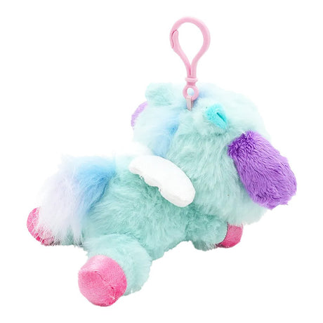 Officially licensed Pochacco bag clip  plush doll wearing a Pegasus costume a super soft, fluffy green . Features shimmering pastel colors, glittery wings, and a gorgeous rainbow tail, making it a must-have fantasy friend.. Perfect size to attach to your backpack, bag, purse, car, or pants. Ideal collectible toy for fans and Sanrio enthusiasts.