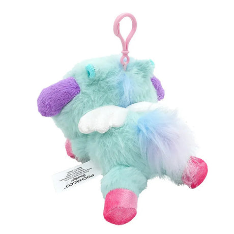 Officially licensed Pochacco bag clip  plush doll wearing a Pegasus costume a super soft, fluffy green . Features shimmering pastel colors, glittery wings, and a gorgeous rainbow tail, making it a must-have fantasy friend.. Perfect size to attach to your backpack, bag, purse, car, or pants. Ideal collectible toy for fans and Sanrio enthusiasts.
