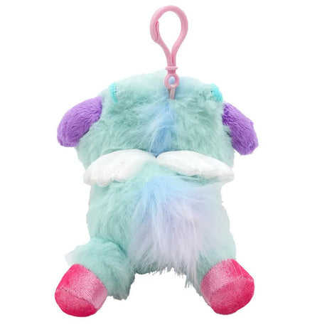 Officially licensed Pochacco bag clip  plush doll wearing a Pegasus costume a super soft, fluffy green . Features shimmering pastel colors, glittery wings, and a gorgeous rainbow tail, making it a must-have fantasy friend.. Perfect size to attach to your backpack, bag, purse, car, or pants. Ideal collectible toy for fans and Sanrio enthusiasts.