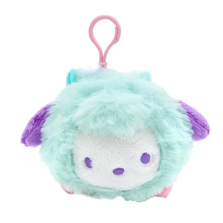 Officially licensed Pochacco bag clip  plush doll wearing a Pegasus costume a super soft, fluffy green . Features shimmering pastel colors, glittery wings, and a gorgeous rainbow tail, making it a must-have fantasy friend.. Perfect size to attach to your backpack, bag, purse, car, or pants. Ideal collectible toy for fans and Sanrio enthusiasts.