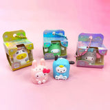 Five officially licensed Sanrio mini figures in colorful animal costumes, each packaged in a colorful box with a ball chain at the top. The collection includes Cinnamoroll, My Melody, Pochacco, Pompompurin, and Hello Kitty.