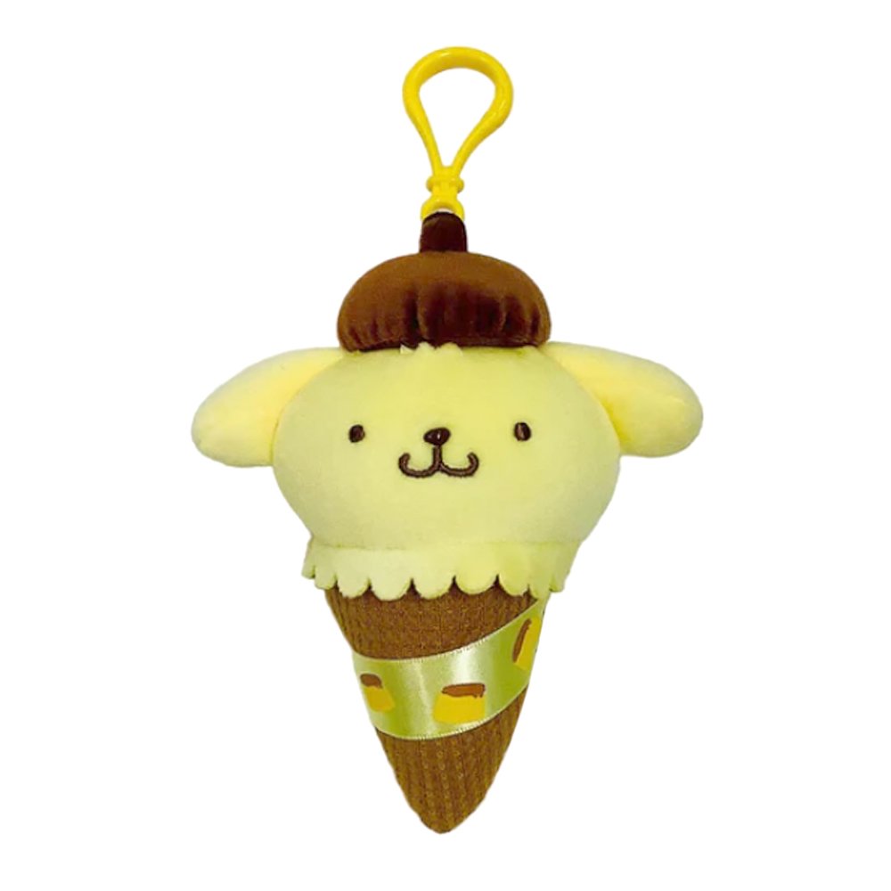 An officially licensed Sanrio Pompompurin plush keychain designed as an ice cream cone. The plush features Pompompurin's yellow face and brown beret on a waffle cone with a yellow plastic clip.