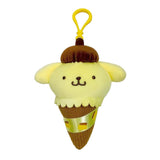 An officially licensed Sanrio Pompompurin plush keychain designed as an ice cream cone. The plush features Pompompurin's yellow face and brown beret on a waffle cone with a yellow plastic clip.