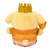 A plush keychain of the Sanrio character Pompompurin, a yellow golden retriever. He wears a golden crown with a red flower on his head, a shimmering orange-gold tuxedo jacket with gold trim, and a matching orange bowtie. He holds an orange flower in his hand and features a silver metal lobster clasp.