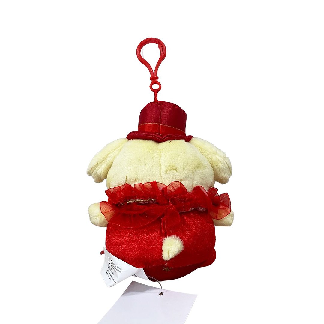 Officially licensed by Pompompurin Plush keychain in a red dress with hat on a white background. He’s perfect for ornament , displaying, or gifting Christmas to Sanrio fans of all ages.